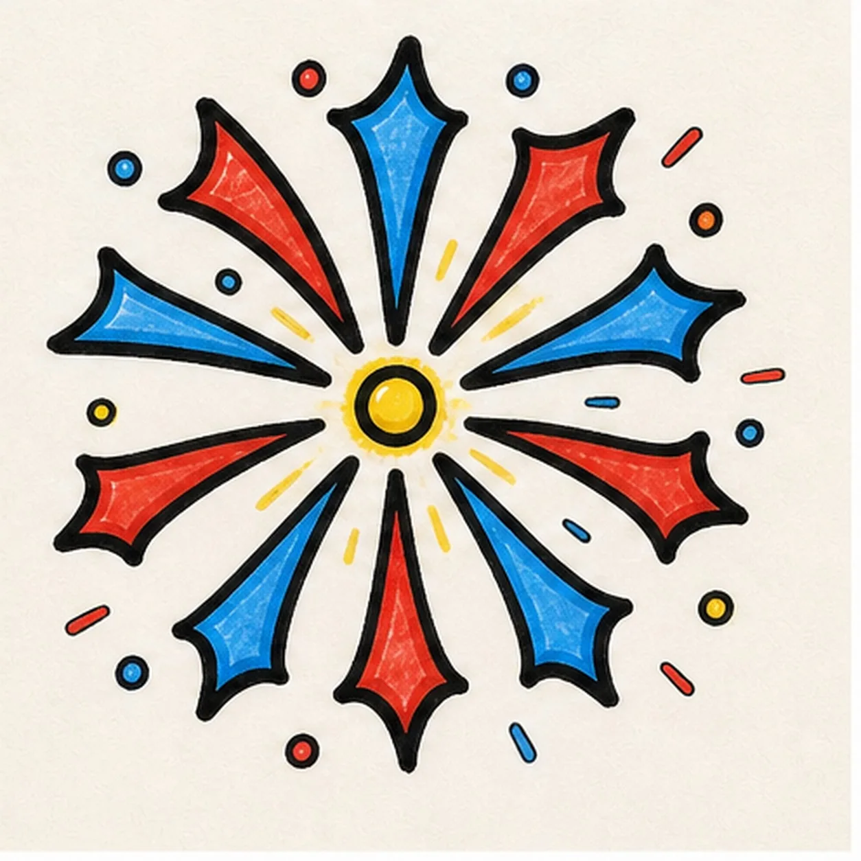 Bold marker doodle of a red and blue firework burst with thick black outlines, yellow center, and small colorful sparks