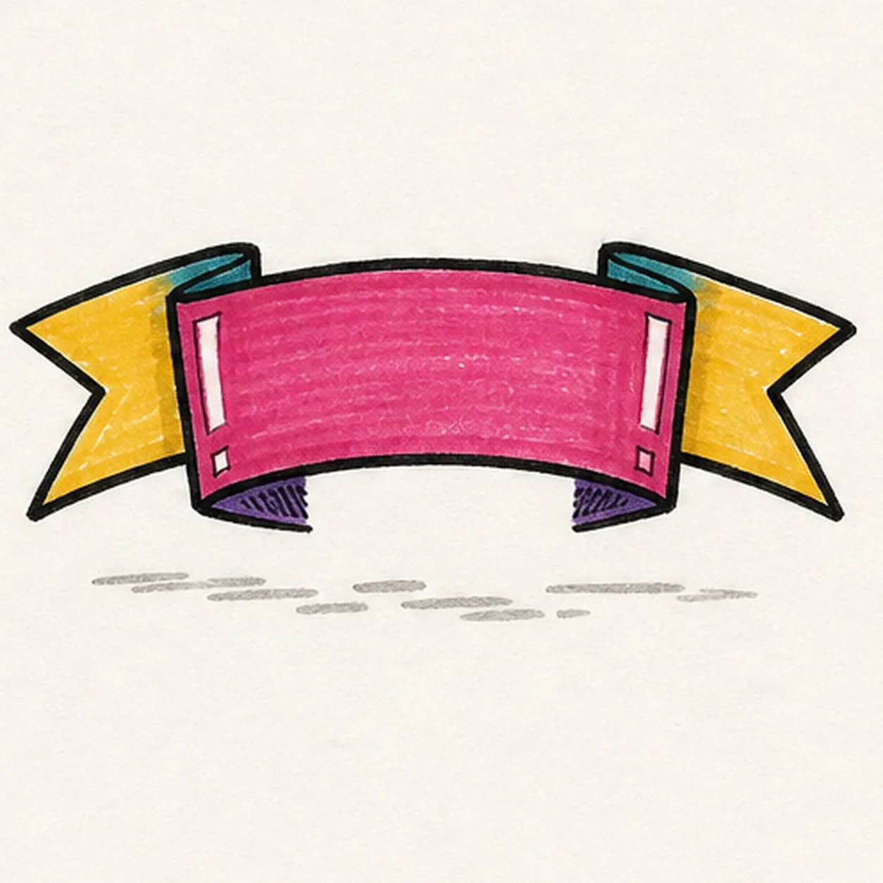 Handmade felt-tip marker drawing of one centered blank folded banner ribbon with one curved raspberry front panel, two teal folded-back returns, two golden-yellow notched fishtail ends, four visible overlap seams, two long white highlight gaps, two small white corner glints, purple fold shadows, thick imperfect black outlines, visible marker streaks, and one shallow broken warm-gray ground shadow
