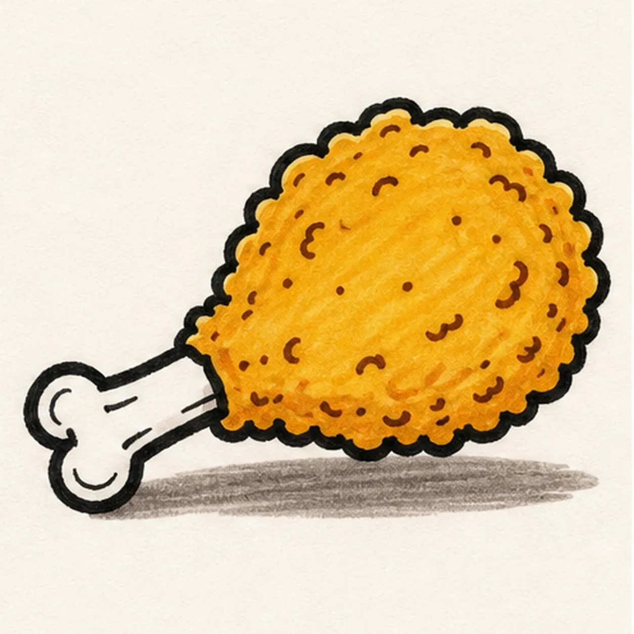 Bold marker doodle of a fried chicken drumstick with golden-orange crunchy coating, crumb dots, crackle marks, pale bone handle, thick black outlines, white highlight gaps, and gray paper wrapper