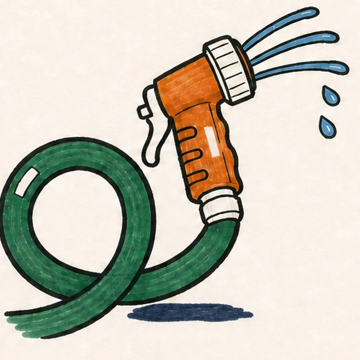 Handmade face-free felt-tip marker drawing of one thick forest-green garden hose forming one loose lower-left loop with a single over-under crossing, connected to one burnt-orange pistol-grip spray nozzle angled toward the upper right with one open-paper barrel collar, one cream trigger, one cream connector, exactly three black handle grip ribs, exactly three curved muted-blue water jets, exactly two detached blue drops, one open-paper highlight on the hose and one on the handle, thick imperfect black outlines, visible marker streaks, and one short flat irregular deep-navy ground-shadow patch