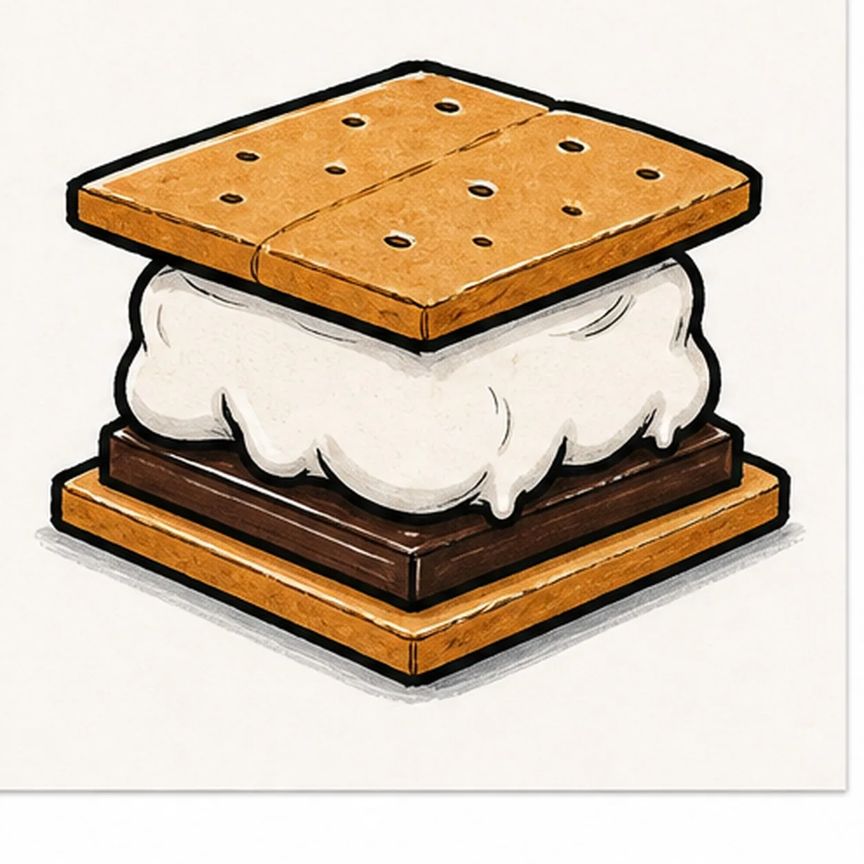 Bold marker doodle of a graham cracker s'more with tan top and bottom crackers, puffy white marshmallow, dark chocolate layer, cracker holes, center break line, thick black outlines, shine gaps, and small gray shadow