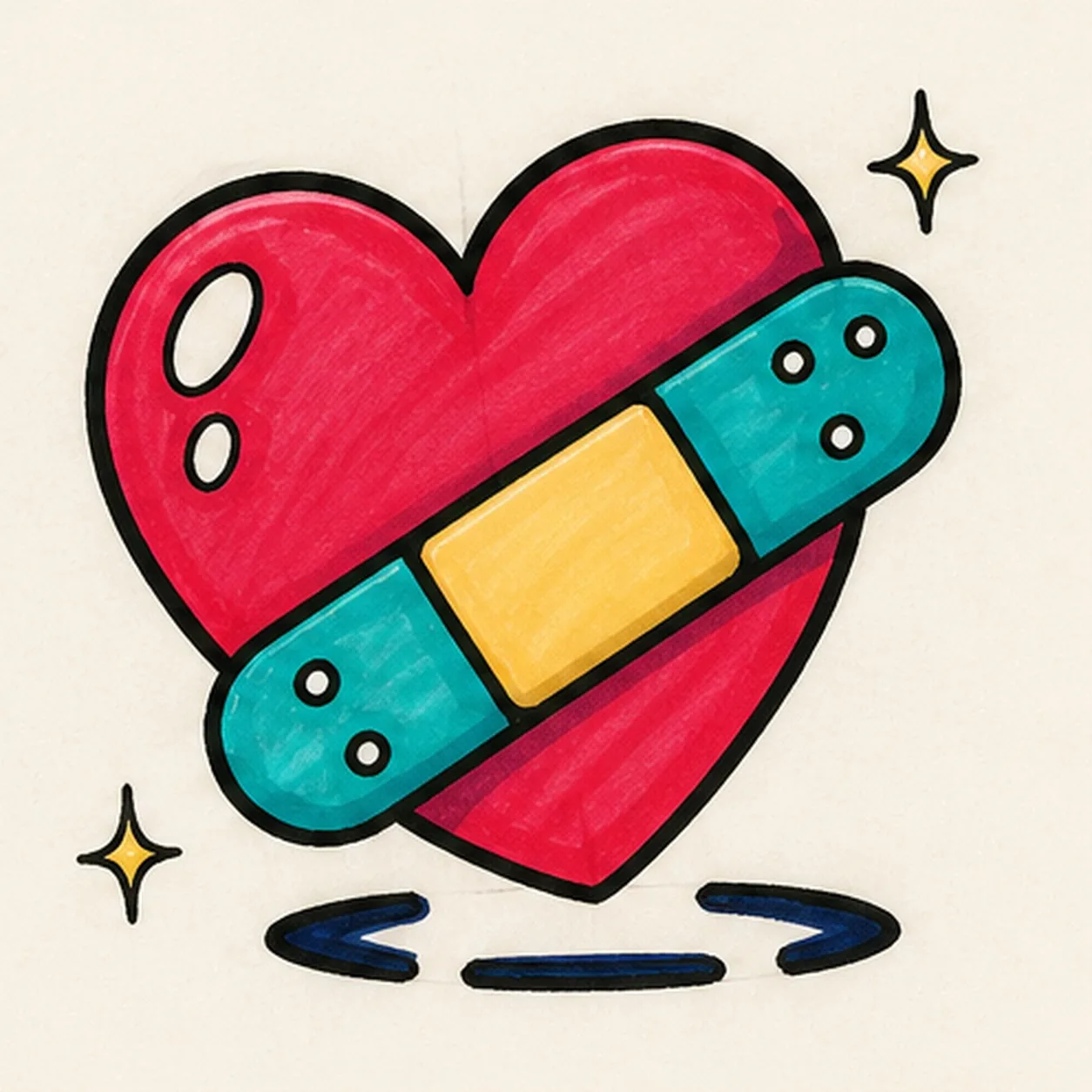 Handmade face-free felt-tip marker drawing of one plump raspberry-and-coral heart tilted slightly clockwise with one teal adhesive bandage crossing diagonally from lower left to upper right, one warm-yellow center pad, two rounded adhesive ends with exactly four open-paper ventilation dots total, two open-paper oval heart highlights, exactly two small warm-yellow sparkle accents, thick imperfect black outlines, visible marker streaks, a few pale construction traces, and one broken deep-navy shadow