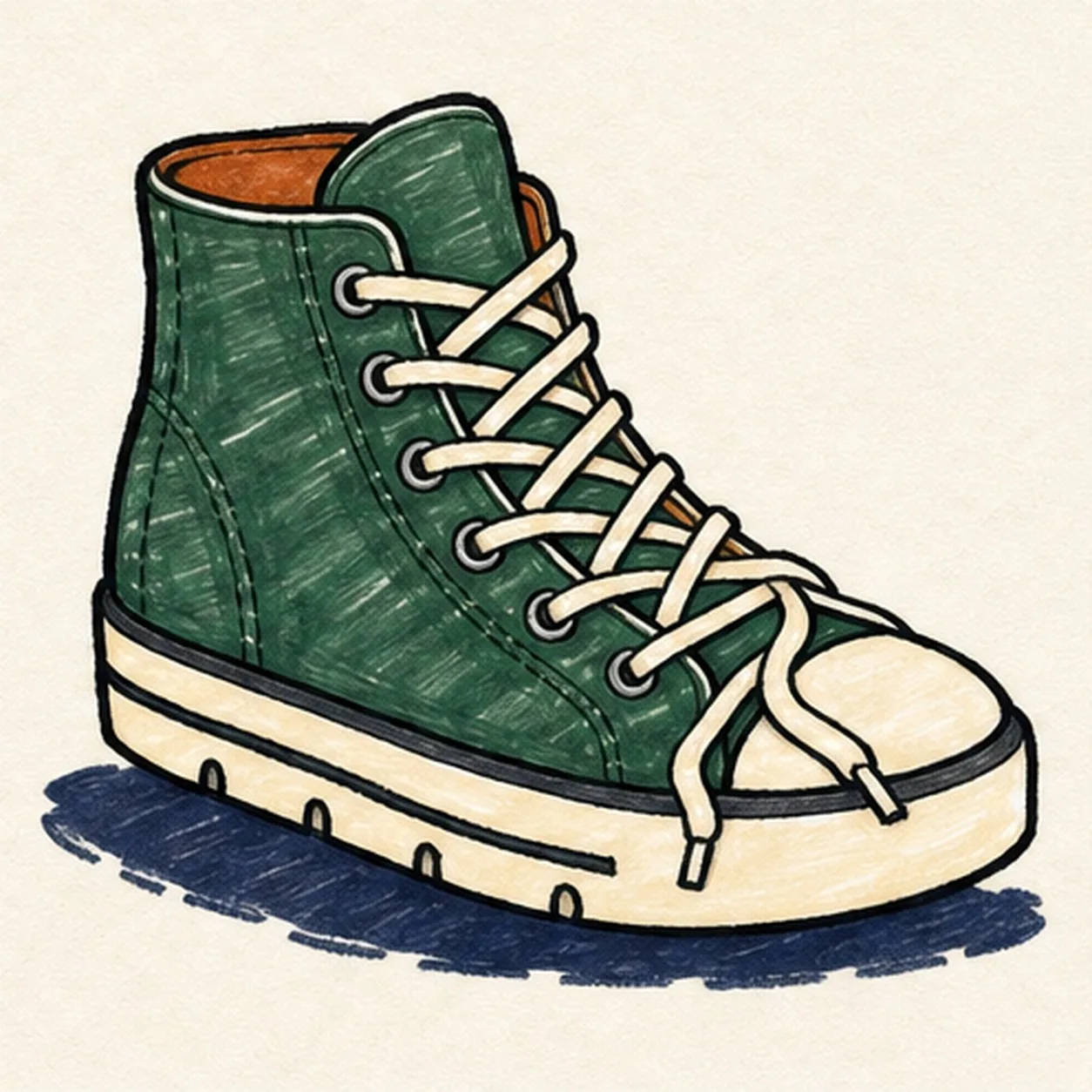 Handmade felt-tip marker drawing of one face-free forest-green high-top canvas sneaker in a three-quarter side view with one tall ankle collar, one rust-orange lining, one green tongue, exactly six visible metal eyelets, one cream crisscross lace path, exactly two loose lace ends above a cream rubber toe cap, one curved side seam, one heel seam, one cream sole with one black stripe and exactly four tread notches, white paper highlights, and one broken navy marker shadow