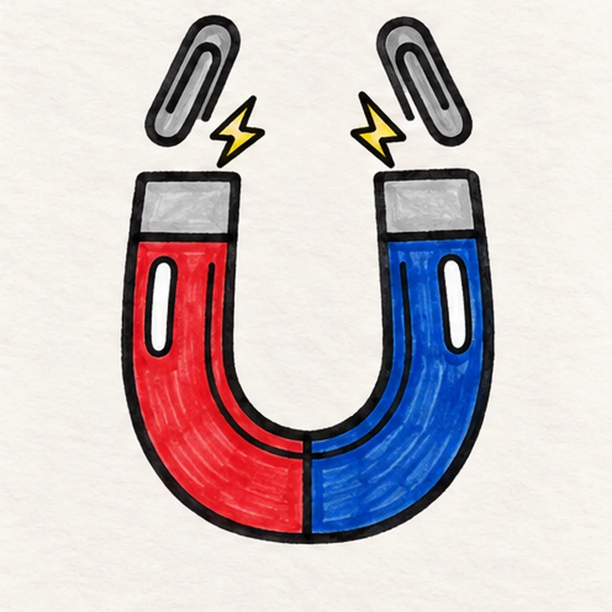 Handmade felt-tip drawing of a red-and-blue horseshoe magnet with two gray metal tips, two floating curled paper clips, two yellow zigzag sparks, two white arm highlights and a thin inner U-shaped bevel line.