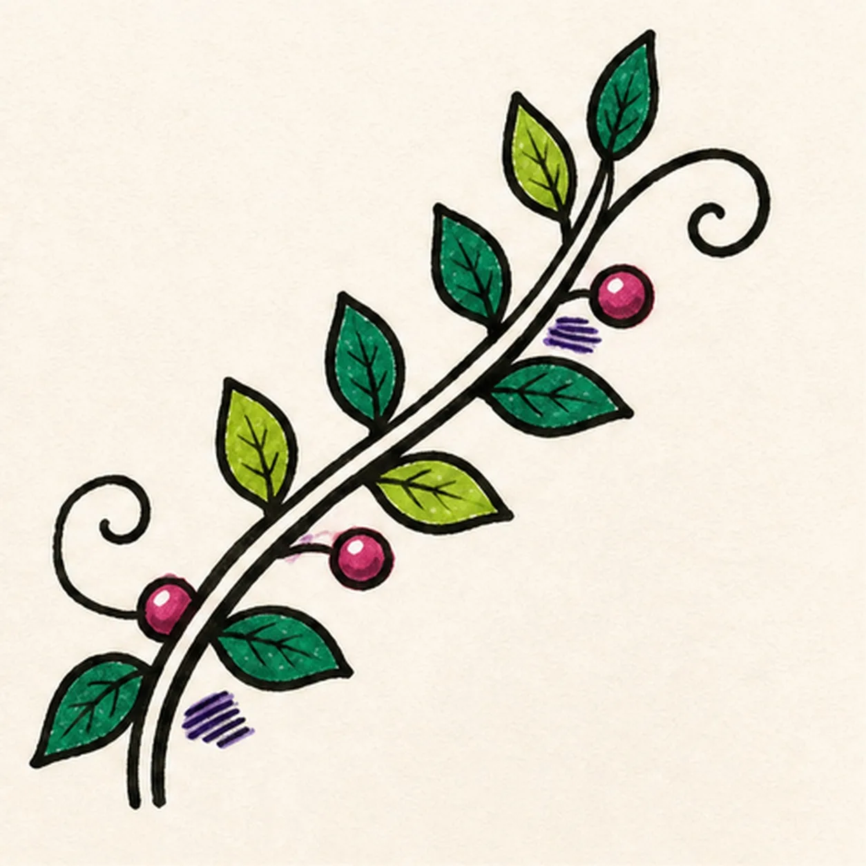 Handmade face-free marker drawing of one diagonal S-curved leafy vine flourish with exactly eight alternating pointed leaves in deep jade and chartreuse, exactly two black curling tendrils, exactly three raspberry berry accents with white highlights, simple black leaf veins, two clusters of violet stem-shadow hatch marks, thick imperfect black felt-tip outlines, visible marker streaks, and open warm-paper gaps