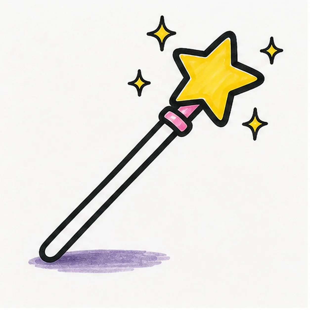 Bold marker drawing of a diagonal magic wand with yellow star tip, pink ribbon band, four small sparkle bursts, thick black outlines, visible marker texture, and purple shadow