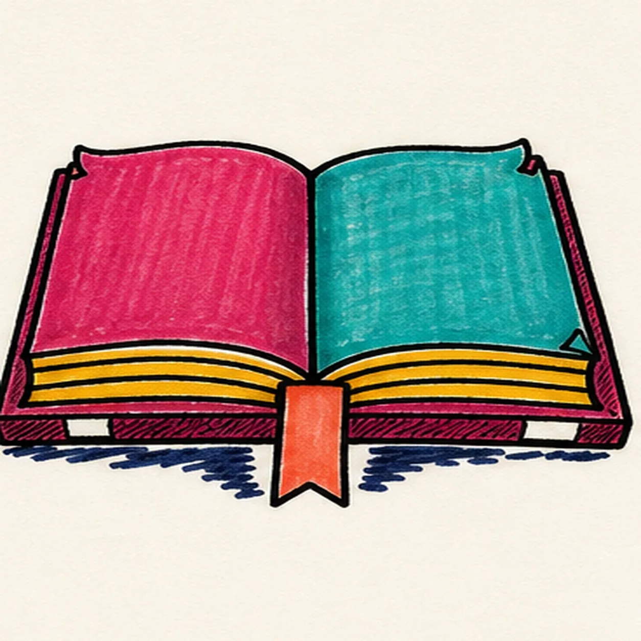 Handmade face-free felt-tip marker drawing of one open book in a shallow three-quarter view with exactly two blank page blocks, one black V-shaped center gutter, one coral ribbon bookmark hanging from the gutter, one small curled outer corner on each page, exactly three stacked warm-yellow lower page-edge bands per side, raspberry marker fill across the left page and cover plane, teal marker fill across the right page and cover plane, small open-paper cover-edge highlights, thick imperfect black outlines, visible marker streaks, restrained edge hatching, and one broken deep-navy shadow