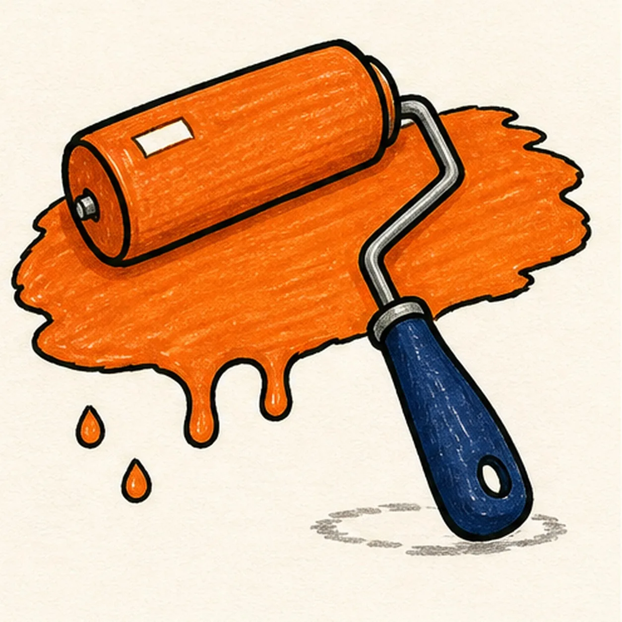 Handmade face-free marker drawing of one paint roller angled from an upper-left tangerine cylindrical cover to a lower-right deep-navy tapered grip, with one bent cool-gray metal frame, one broad tangerine paint swash behind the roller, exactly two rounded lower-edge drips, exactly two detached orange droplets, one grip hole, one rectangular and one curved warm-paper highlight on the roller cover, thick imperfect black outlines, visible dry-marker streaks, and one shallow broken warm-gray oval shadow beneath the grip