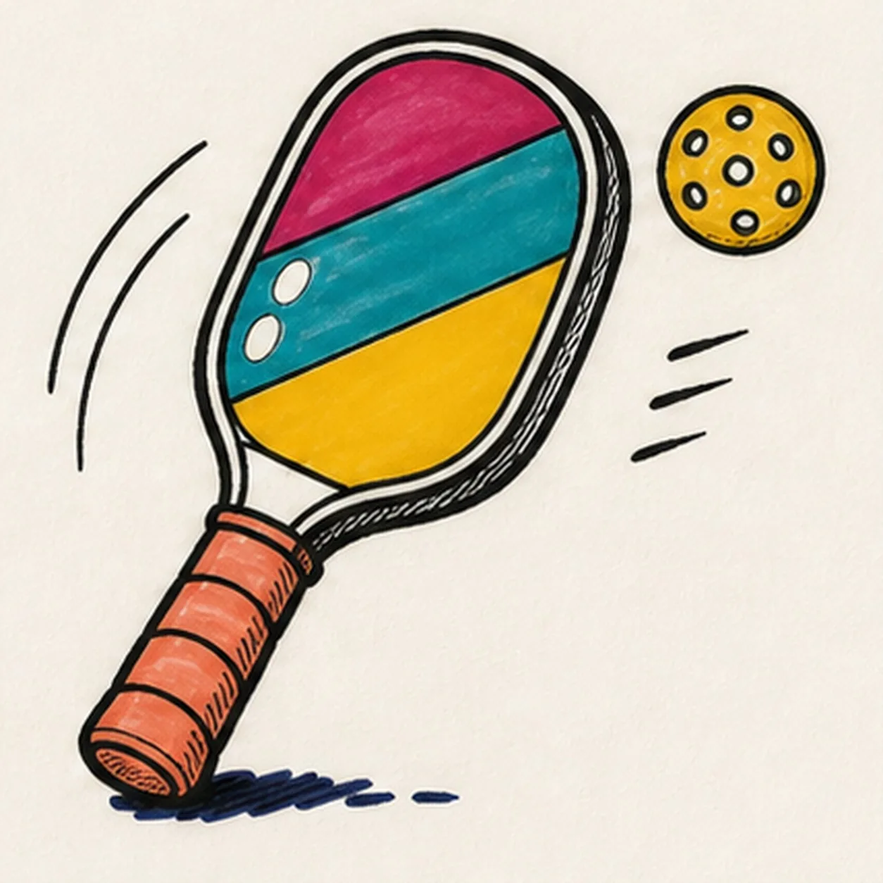 Handmade face-free felt-tip marker drawing of one diagonal pickleball paddle with one thick oval face divided into raspberry, teal, and mustard color blocks by exactly two diagonal routes, one doubled black rim, one short neck, one coral handle with exactly three curved grip bands and a small end cap, one mustard pickleball at upper right with exactly seven visible open holes, two black paddle-swing arcs, exactly three black ball-speed dashes, two open-paper oval highlights on the paddle face, thick imperfect black outlines, visible marker streaks, and one broken deep-navy shadow beneath the handle
