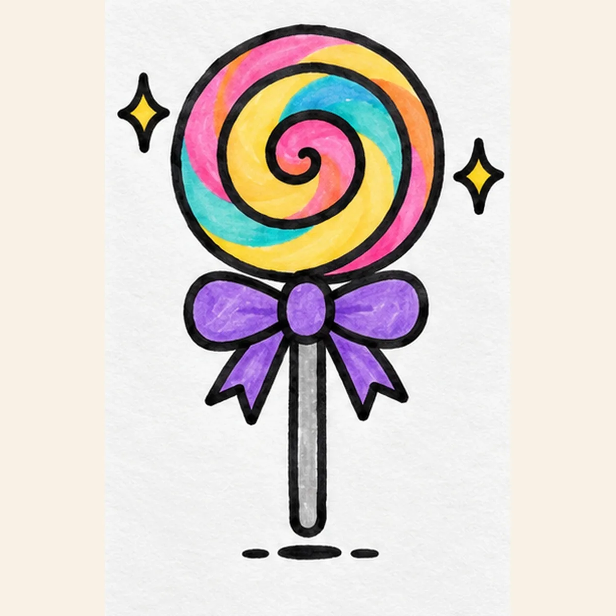 Handmade marker drawing of one round rainbow spiral lollipop with thick uneven black outlines, pink yellow teal and orange candy color, one purple bow with two loops and two pointed tails, one gray rounded stick, two yellow four-point sparkles, and three broken shadow strokes