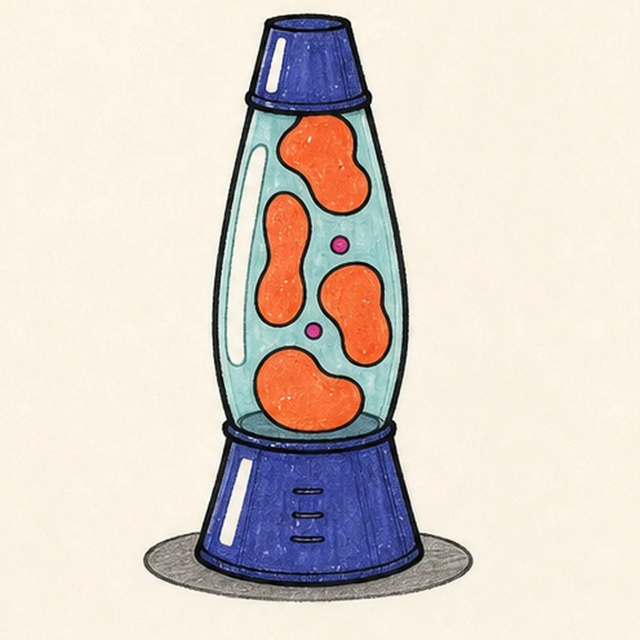 Handmade face-free marker drawing of one upright retro lava lamp with a deep-indigo tapered cap and flared base, one pale-aqua curved glass chamber, exactly four large coral-orange wax blobs, exactly two small magenta wax bubbles, one long white glass highlight, two short white metal highlights, three short base seam accents, thick imperfect black outlines, visible marker streaks, and one shallow warm-gray oval shadow