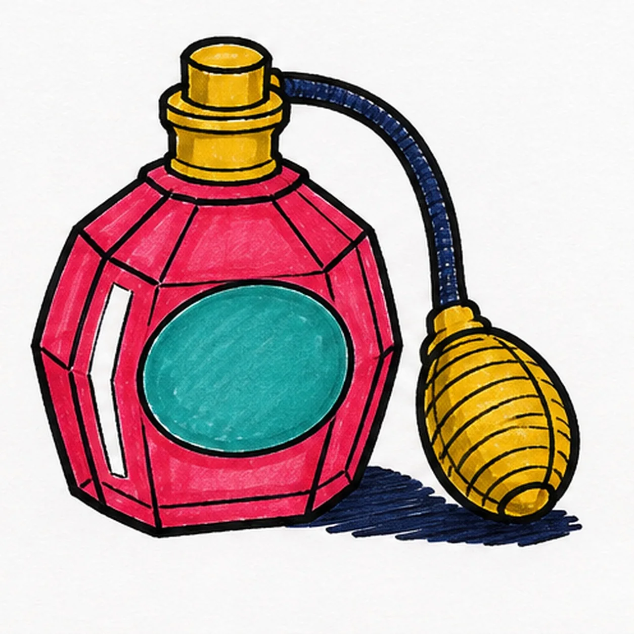 Handmade face-free felt-tip marker drawing of one retro perfume atomizer in a three-quarter view with one squat raspberry faceted bottle, one blank teal oval label, one short neck, one mustard stepped stopper, exactly one curved deep-navy hose, exactly one ribbed mustard squeeze bulb, one broad white bottle highlight, small paper-white glints, thick imperfect black outlines, visible marker streaks, and one broken deep-navy ground shadow