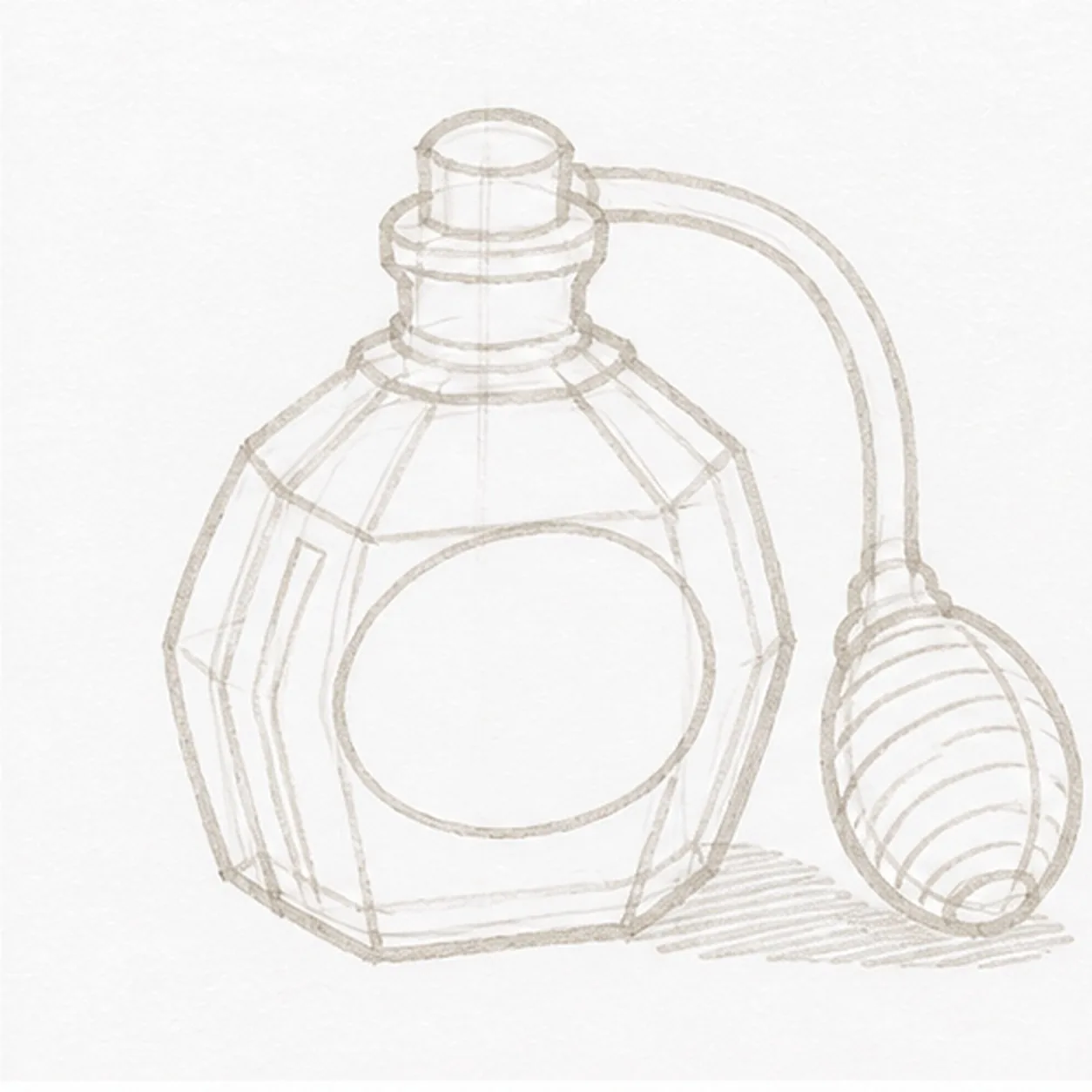 Map the atomizer stage for how to draw a perfume bottle with an atomizer