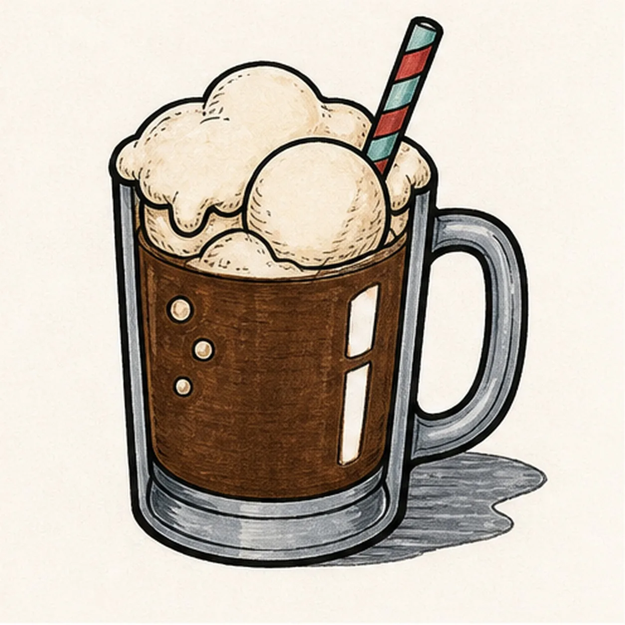 Handmade face-free felt-tip marker drawing of one root beer float in a three-quarter handled glass mug with one dark root-beer fill, exactly one large vanilla scoop, one irregular foamy cap, exactly one diagonal striped muted-aqua-and-red straw, exactly three small bubbles inside the drink, exactly two open-paper glass highlights, one clear side handle, a heavy glass base, thick imperfect black outlines, visible marker streaks, and one broken cool-gray ground shadow