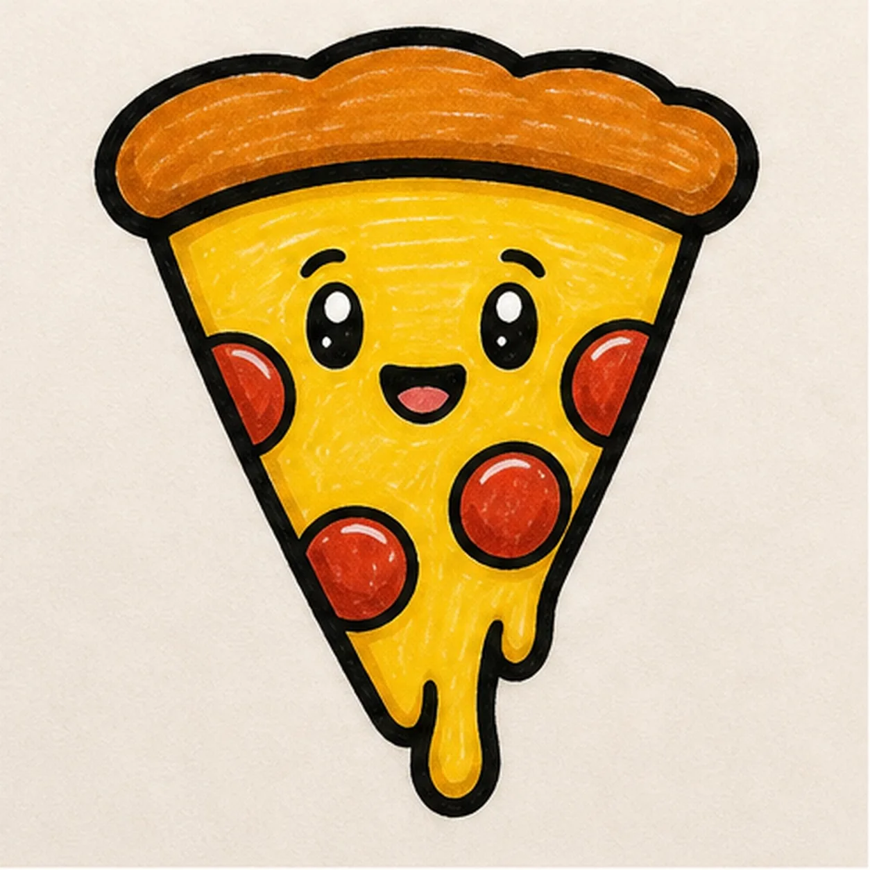 Bold marker doodle of a smiling pizza slice with yellow cheese, orange crust, red pepperoni, thick black outline, and a small cheese stretch
