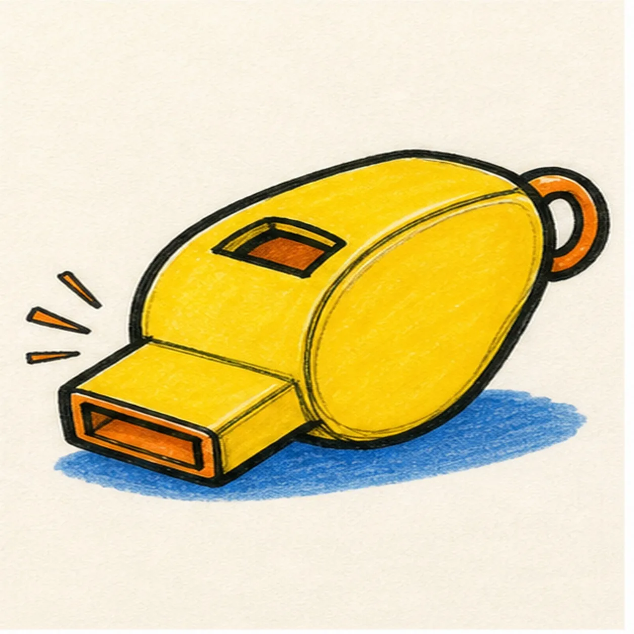 Bold marker drawing of a face-free soccer whistle with rounded yellow body, short orange mouthpiece, pea window, rear ring loop, comic sound marks, thick black outlines, and blue shadow