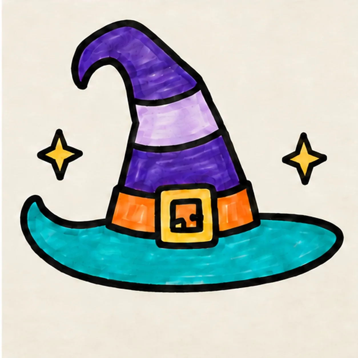Handmade felt-tip drawing of one bent witch hat with a wide teal swooping brim, three alternating dark-purple and lilac crown bands separated by two curved black stripe lines, an orange hatband with one centered yellow square buckle, exactly two yellow four-point stars outside the brim, thick imperfect black outlines and visible marker streaks