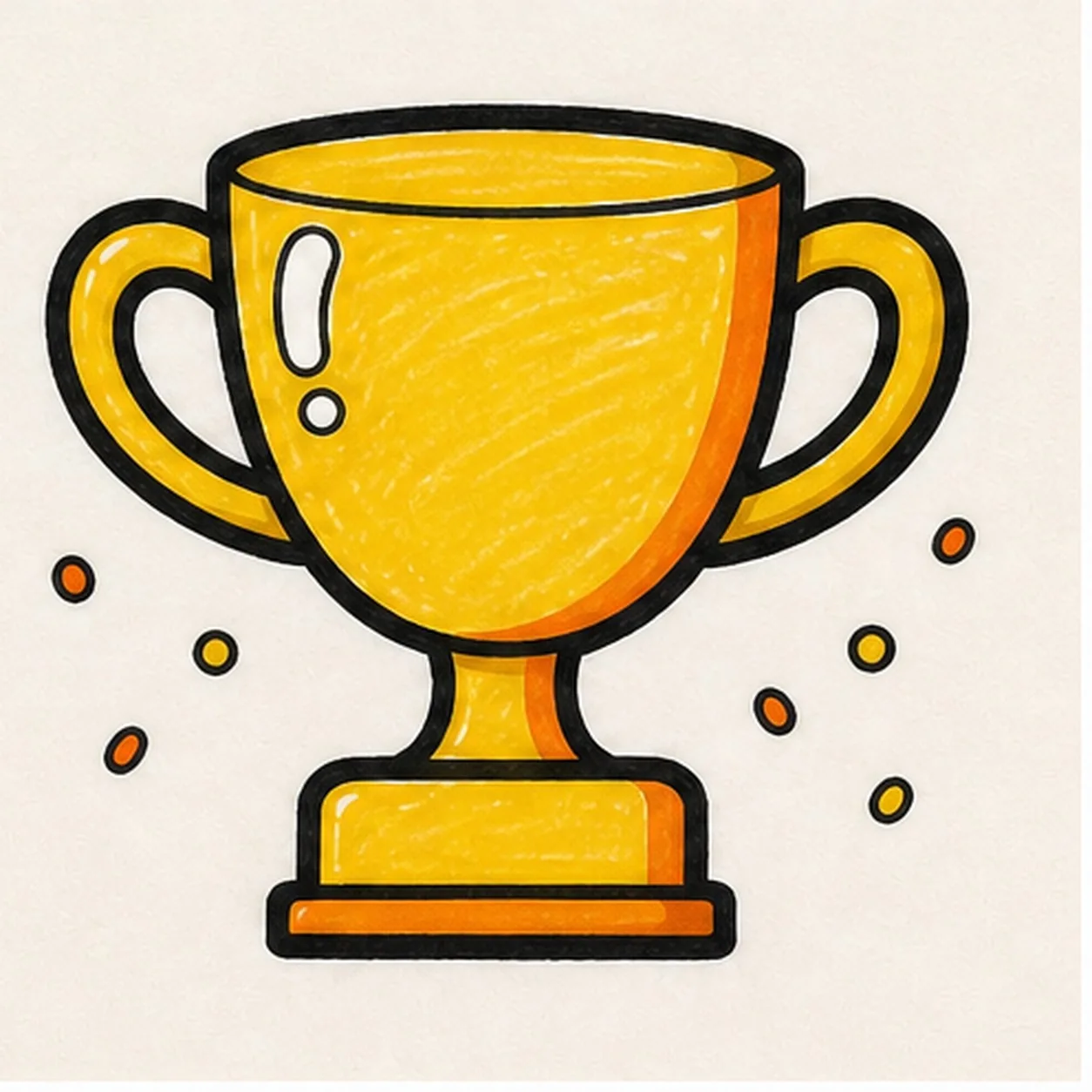 Bold marker doodle of a gold trophy cup sticker with black outline, orange shadow, shine marks, and confetti dots