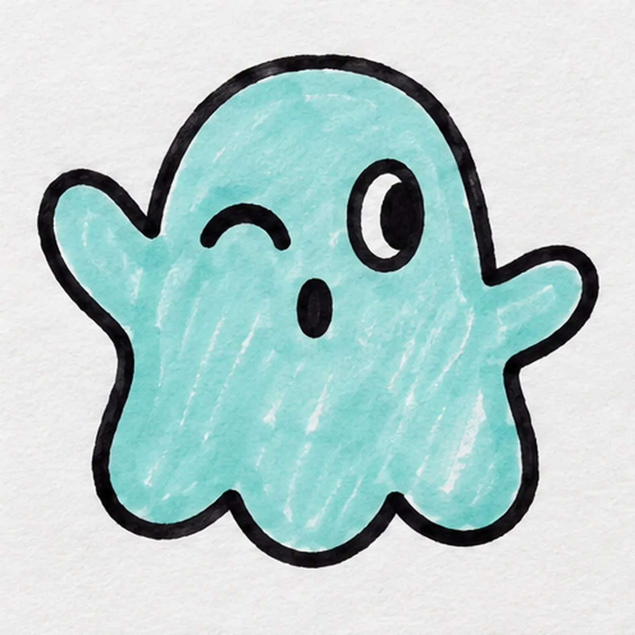 Handmade black felt-tip and streaky teal marker doodle of one waving cartoon ghost with a raised left arm, shorter right arm, three rounded hem scallops, left winking eye, larger right-looking eye, and small surprised oval mouth